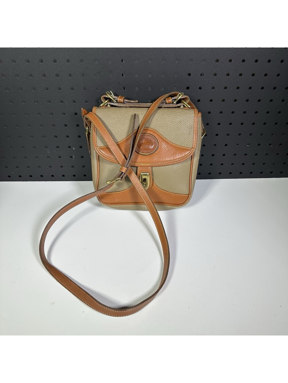 Vintage Dooney & Bourke All Weather Leather Square Carrier Crossbody Taupe Tan